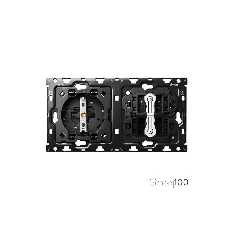 Kit back para 2 elementos con 1 base de enchufe schuko y 2 conmutadores pulsante | Simon 100