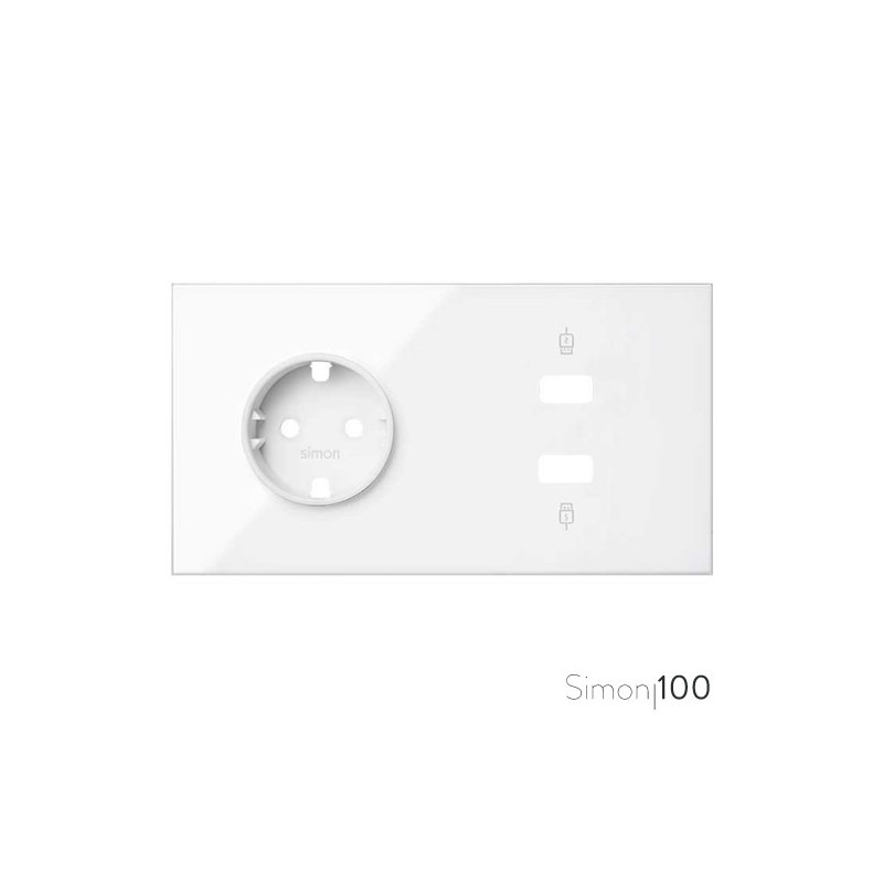 Kit front para 2 elementos con 1 cargador 2xUSB y 1 base de enchufo schuko blanco | Simon 100