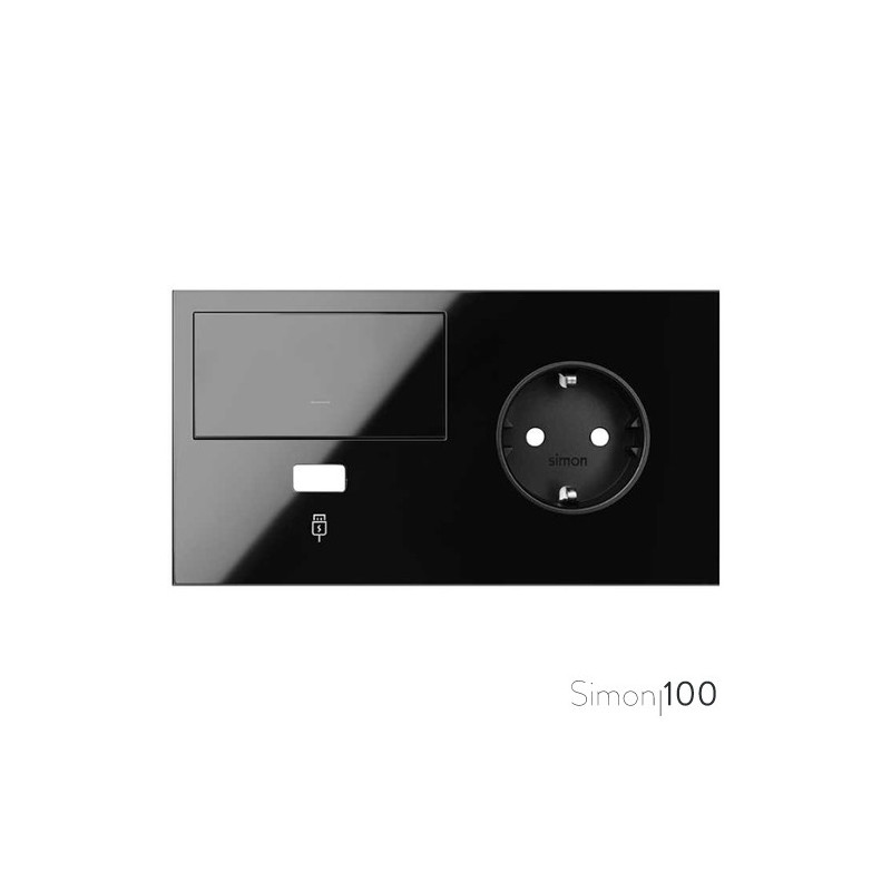 Kit front para 2 elementos con 1 tecla 1 cargador USB y 1 base de enchufe schuko negro| Simon 100