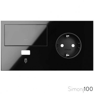 Kit front para 2 elementos con 1 tecla 1 cargador USB y 1 base de enchufe schuko negro| Simon 100
