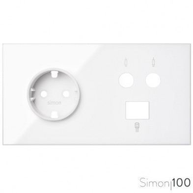 Kit front para 2 elementos con 1 base de enchufe schuko 1 toma R-TV+SAT única con 1 conector RJ45 6 UPT blanco | Simon 100