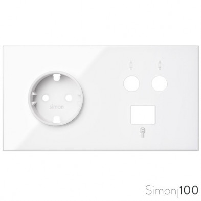 Kit front para 2 elementos con 1 base de enchufe schuko 1 toma R-TV+SAT única con 1 conector RJ45 6 UPT blanco | Simon 100