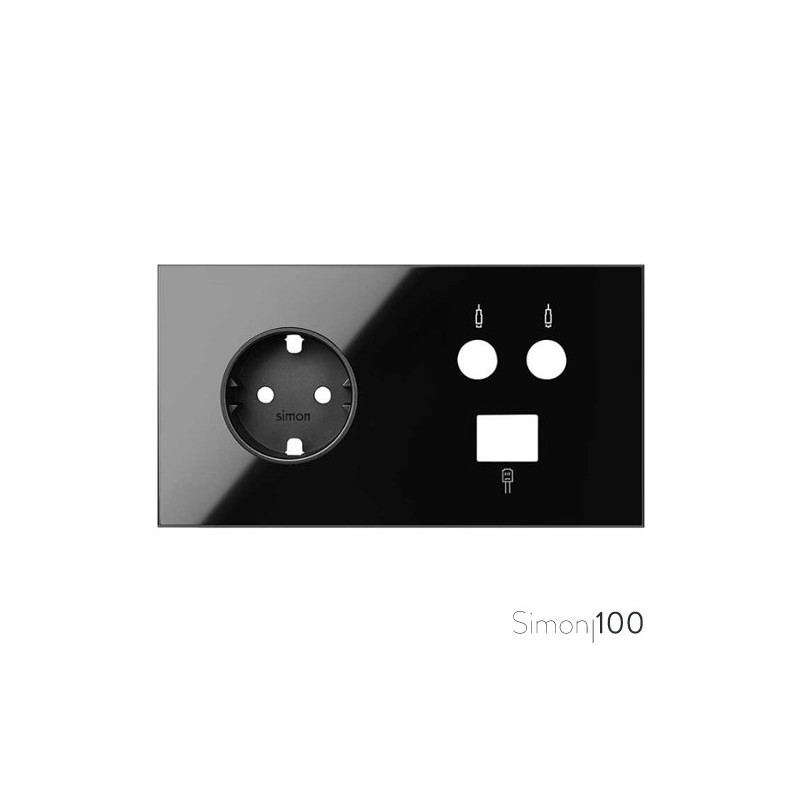 Kit front para 2 elementos con 1 base de enchufe schuko 1 toma R-TV+SAT única 1 conector RJ45 6 UTP negro | Simon 100