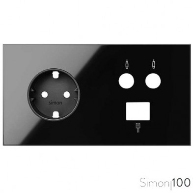 Kit front para 2 elementos con 1 base de enchufe schuko 1 toma R-TV+SAT única 1 conector RJ45 6 UTP negro | Simon 100