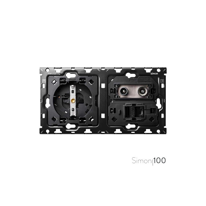 Kit back para 2 elementos con 1 base de enchufe schuko 1 toma R-TV+SAT única con 1 conector RJ45 6 UTP | Simon 100