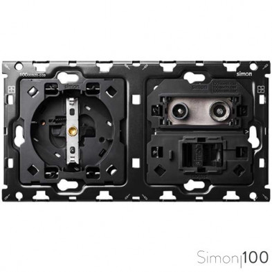 Kit back para 2 elementos con 1 base de enchufe schuko 1 toma R-TV+SAT única con 1 conector RJ45 6 UTP | Simon 100
