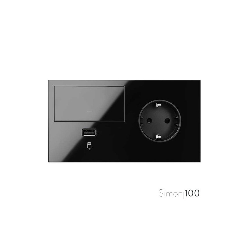 Kit front para 2 elementos con 1 tecla regulable 1 cargador USB y 1 base enchufe schuko negro | Simon 100
