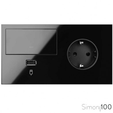 Kit front para 2 elementos con 1 tecla regulable 1 cargador USB y 1 base enchufe schuko negro | Simon 100 Kit front para 2 elementos con 1 tecla regulable 1 cargador USB y 1 base enchufe schuko negro | Simon 100