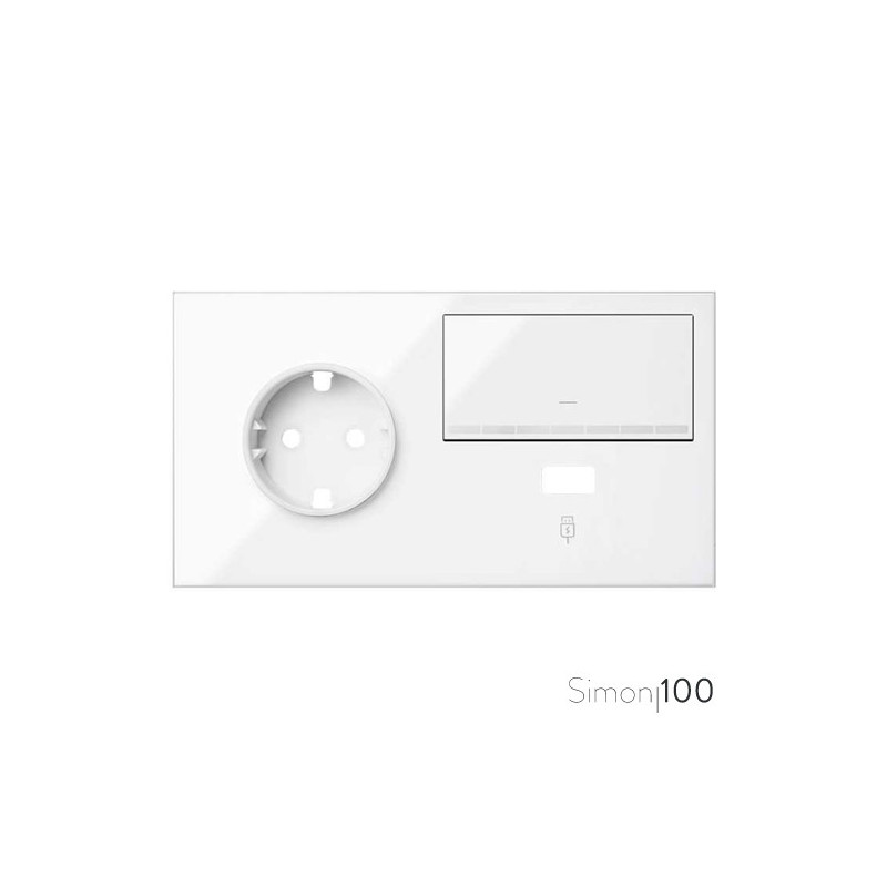 Kit front para 2 elementos con 1 base enchufe schuko 1 tecla y 1 cargador USB blanco | SImon 100