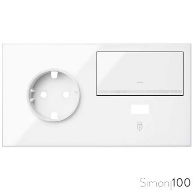 Kit front para 2 elementos con 1 base enchufe schuko 1 tecla y 1 cargador USB blanco | SImon 100