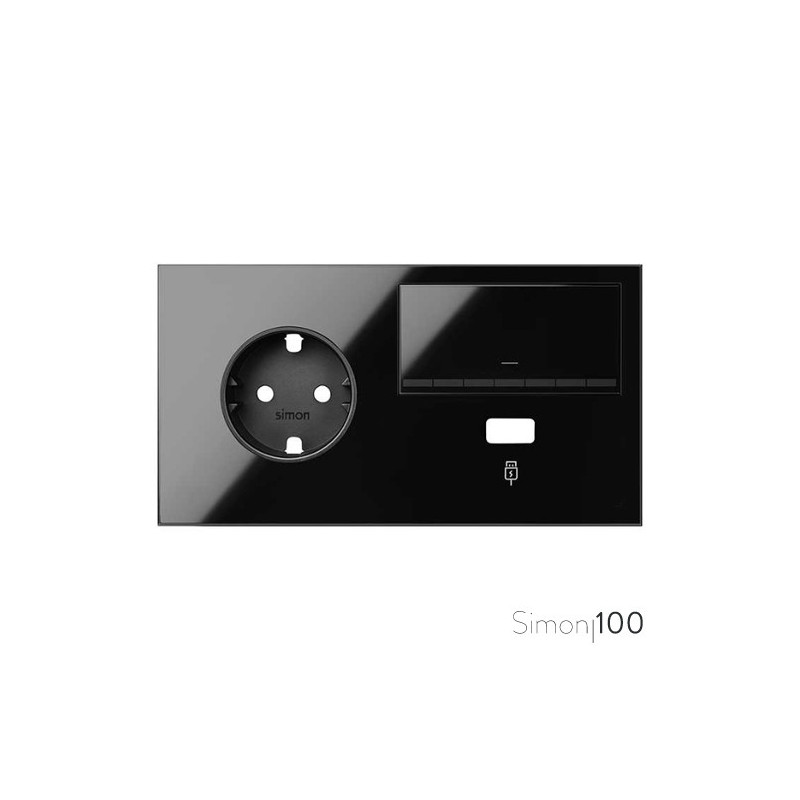 Kit front para 2 elementos con 1 base enchufe schuko 1 tecla y 1 cargador USB negro| Simon 100