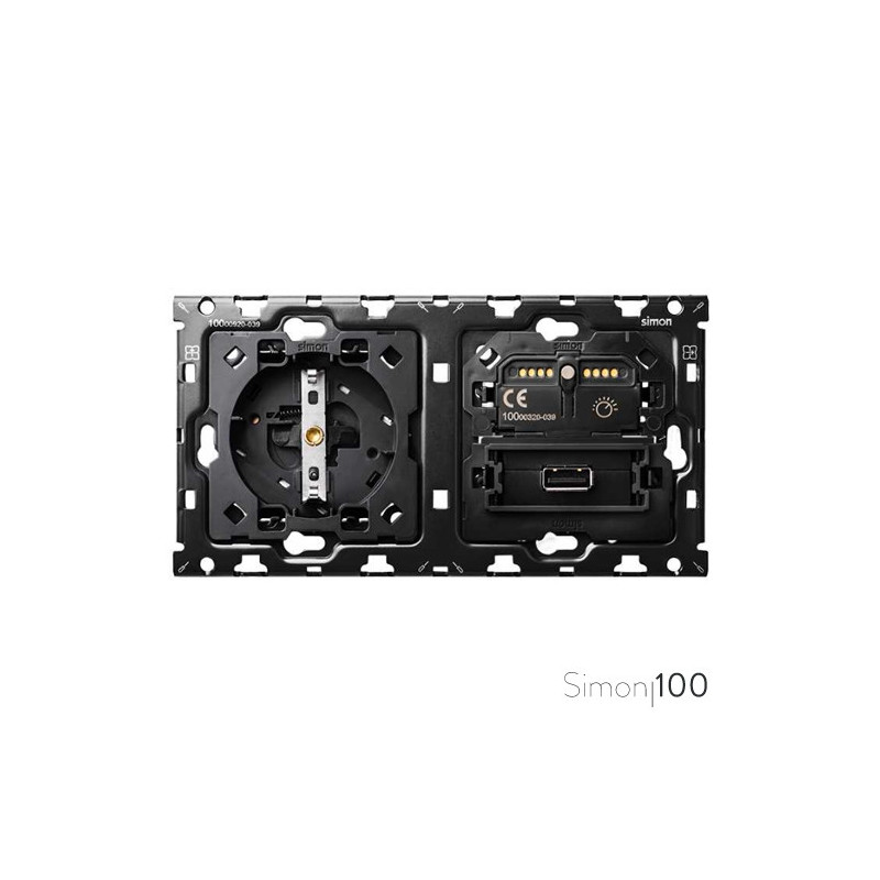 Kit back para 2 elementos con 1 Interruptor regulable IO Ready, 1 cargador USB y 1 base de enchufe schuko | Simon 100