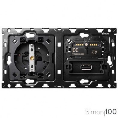 Kit back para 2 elementos con 1 Interruptor regulable IO Ready, 1 cargador USB y 1 base de enchufe schuko | Simon 100 Kit back para 2 elementos con 1 Interruptor regulable IO Ready, 1 cargador USB y 1 base de enchufe schuko | Simon 100
