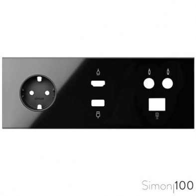 Kit front para 3 elementos con 1 base de enchufe schuko, 1 conector HDMI + USB y 1 toma TV+SAT única negro Simon 100