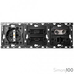Kit back para 3 elementos con 1 base de enchufe schuko 1 conector HDMI + USB y 1 toma de R-TV+SAT única Simon 100