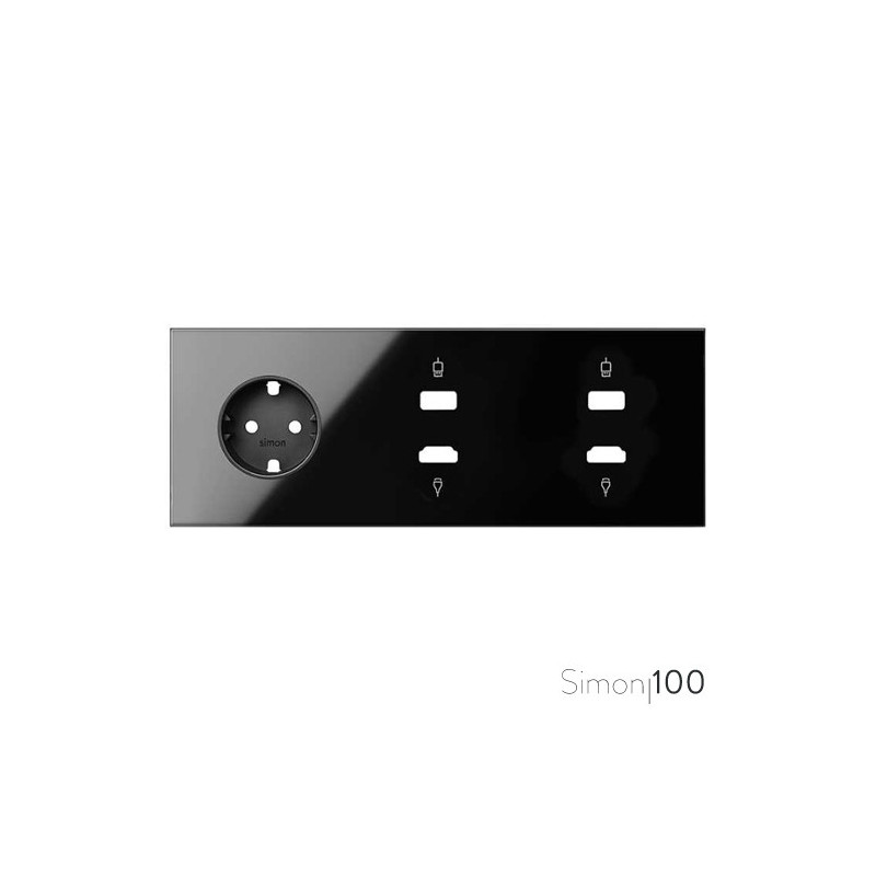 Kit front para 3 elementos con 1 base de enchufe schuko y 2 conectores HDMI + USB negro| Simon 100