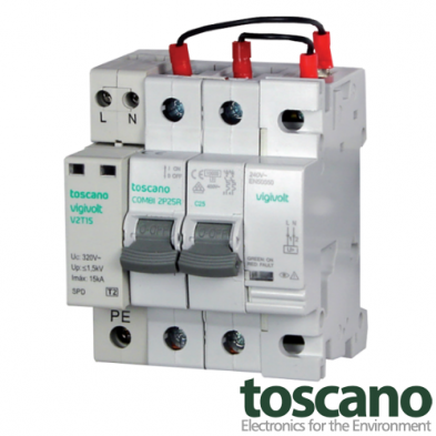 Protector contra sobretensiones permanentes y transitorias monofásico COMBI2P-RT 25A Protector contra sobretensiones permanentes y transitorias monofásico COMBI2P-RT 25A