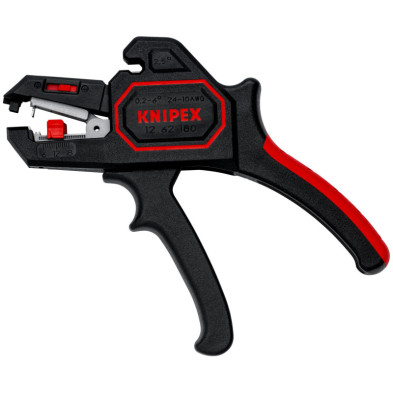 Pelacables KNIPEX ComStrip 12 62 180 negro y rojo con tope ajustable y cortacables integrado.