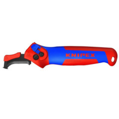 Cuchillo pelacables KNIPEX 16 50 145 SB con mango rojo y azul y cuchilla de gancho con guía de deslizamiento.