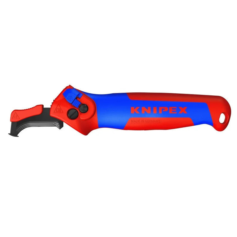 Cuchillo pelacables KNIPEX 16 50 145 SB con mango rojo y azul y cuchilla de gancho con guía de deslizamiento.