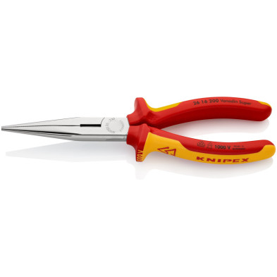 Alicate de boca cigüeña KNIPEX 26 16 200 con boca recta larga y mangos aislados VDE rojos y amarillos.