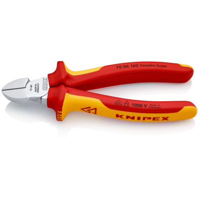 Alicate de corte diagonal KNIPEX 70 06 160 de 160 mm con cabeza cromada y mangos aislados VDE rojos y amarillos.