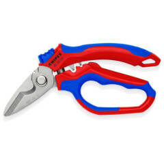 Tijeras de electricista KNIPEX 95 05 20 SB acodadas con hojas de acero inoxidable y mangos rojos y azules.