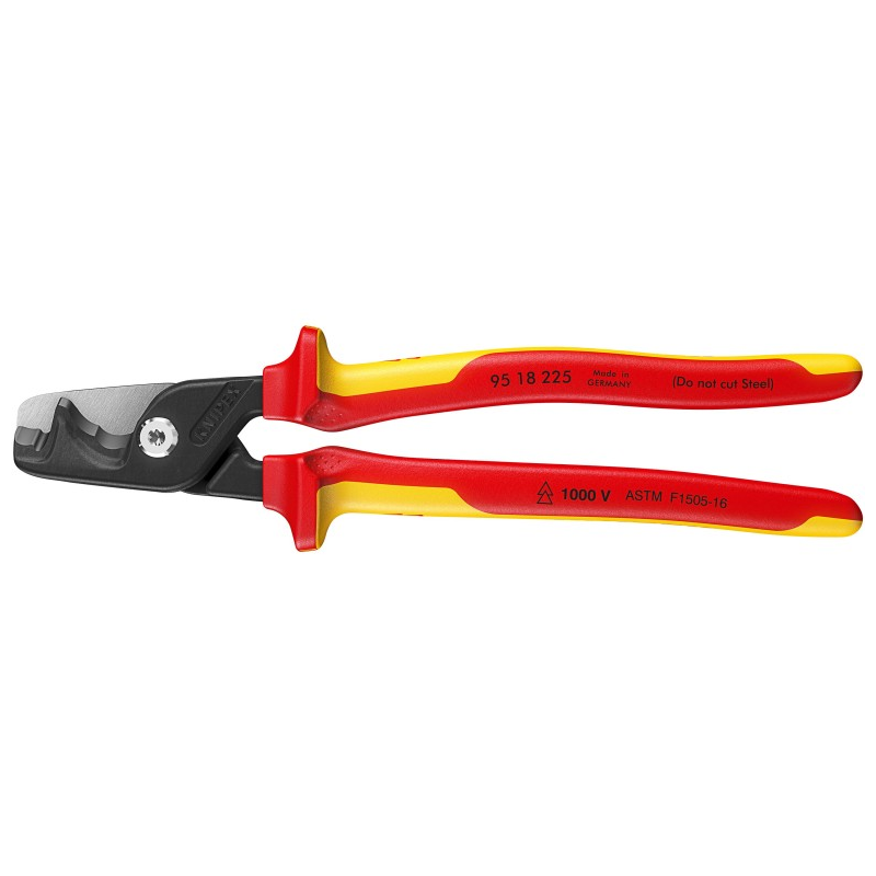 Cortacables KNIPEX StepCut XL 95 18 225 con filos escalonados y mangos aislados VDE rojos y amarillos.