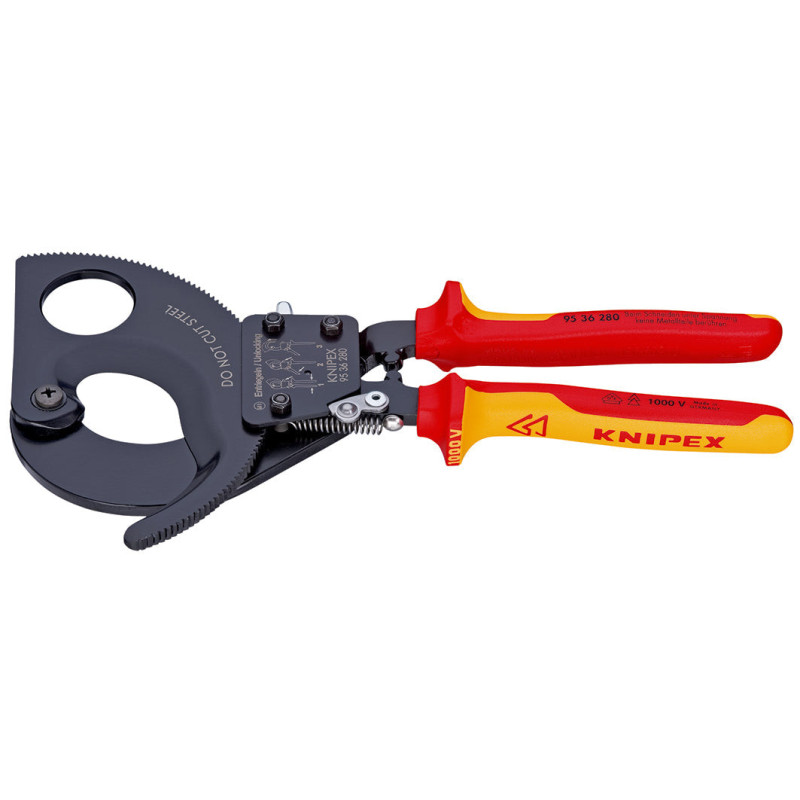 Cortacables de carraca KNIPEX 95 36 280 con cabeza negra y mangos VDE para cables de cobre y aluminio.