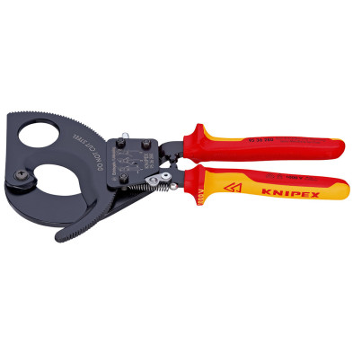 Cortacables de carraca KNIPEX 95 36 280 con cabeza negra y mangos VDE para cables de cobre y aluminio.