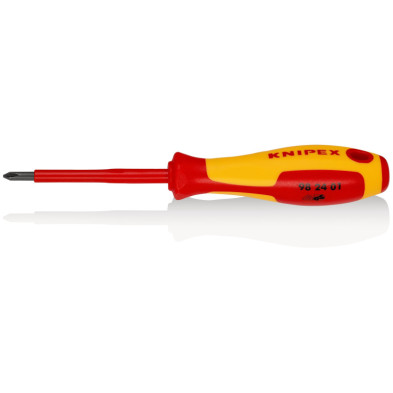 Destornillador KNIPEX 98 24 01 con punta Phillips PH1 y hoja aislada de 80 mm y mango rojo y amarillo.