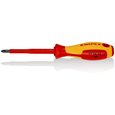Destornillador KNIPEX 98 24 02 con punta Phillips PH2 y hoja aislada de 100 mm y mango rojo y amarillo.