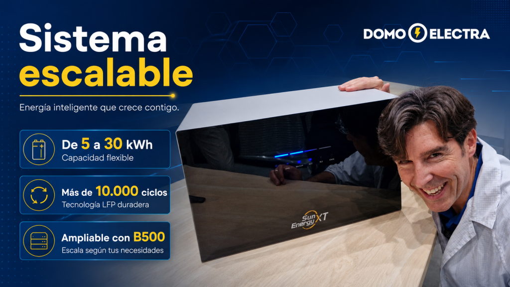 Sistema escalable SunEnergyXT 500 con batería solar de 5 kWh, ampliable con B500, presentado por Domo Electra.